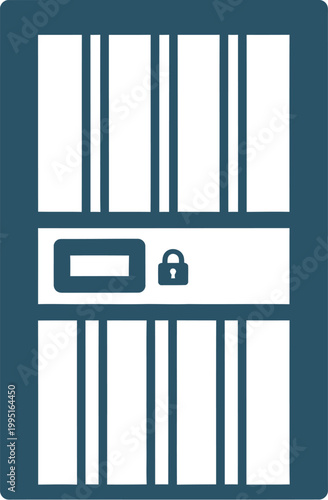 Fotografi Black and Blue Vector Graphic of a Heavy Prison Cell Gate with Integrated Lock f