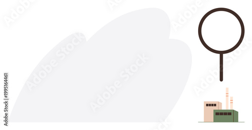 Environmental analysis, industrial monitoring, pollution control, air quality, factory evaluation, sustainability. A magnifying glass above industrial buildings. Environmental analysis and industrial