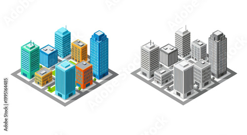 Isometric Cityscape: Color and Grayscale Buildings, Urban Development