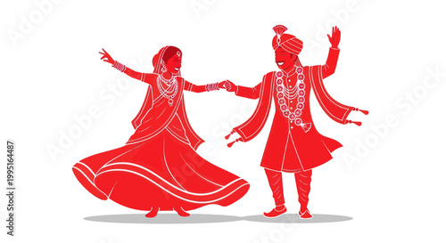 Indian Wedding Couple Dancing Celebration Red Silhouette
