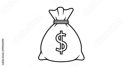 Money Bag Icon with Dollar Sign - Simple Line Art Illustration