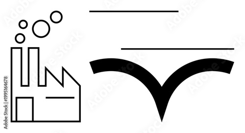 Industry, production, urban development, environmental impact, abstract design, innovation. Stylized factory emitting circles joined by a sleek arc-shaped abstract form. Industry and production