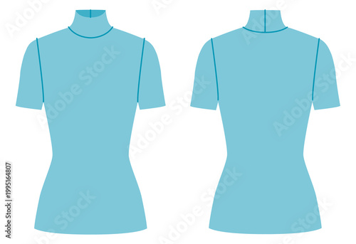 Blue short sleeve mock neck top fitted silhouette and structured neckline, clean form and balanced proportions. Technical fashion illustration in flat color, front and back views. Vector