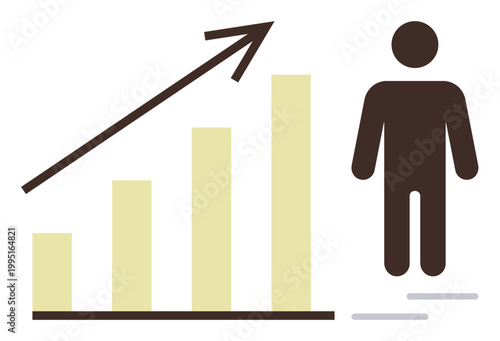 Business growth, performance metrics, career development, analytics, leadership goals, economic success. Bar chart with arrow and person icon. Business growth and performance metrics