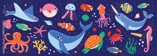 Cute sea animals set, ocean animals collection on dark blue background. Vector underwater world with whale, octopus, turtle, narwhal, jellyfish and tropical fish for kids nursery decor, fabric print.