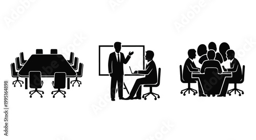 Business meeting scenes with people collaborating a distinct silhouette
