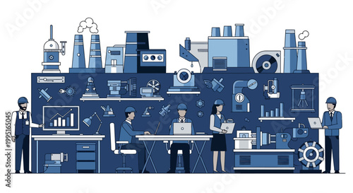 Industry 4.0 Smart Factory Illustration, Engineers and Technicians Working with Data Analysis, Automation, and Industrial Machinery in Modern Vector Flat Style