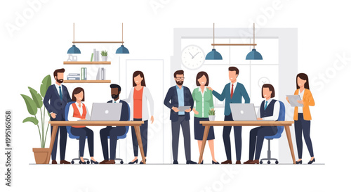 Flat Vector Illustration of Diverse Business Professional Team Working in a Modern Office Environment, Corporate Collaboration, and Coworking Space Concept