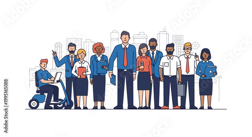 Diverse Business Professional Team and Inclusive Workplace Concept. Vector Illustration of Multi-ethnic Corporate Employees and Manager with Person in Wheelchair.