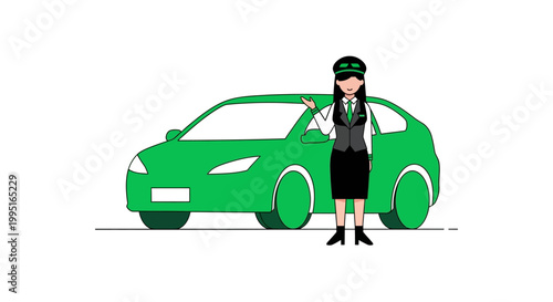 Professional Female Chauffeur with Green Electric Car Illustration for Eco-Friendly Taxi and Ride-Hailing Services