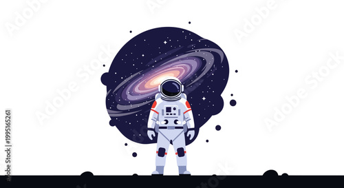 Flat Vector Illustration of Astronaut Standing in Front of a Spiral Galaxy, Minimalist Space Exploration Concept Design on White Background