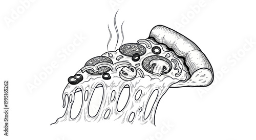 Hand-drawn slice of pizza with melting cheese, steam and toppings