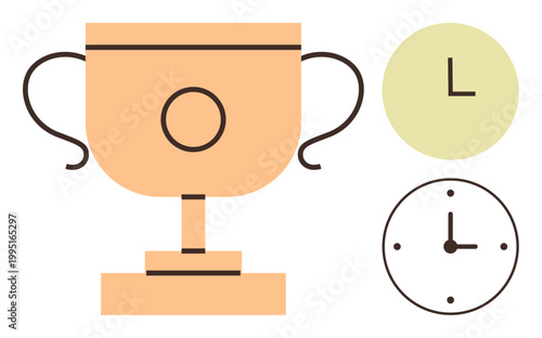 Achievements, time management, competition, productivity, deadlines, and efficiency. A trophy with modern clock icons. Achievements and time management in minimalist iconography
