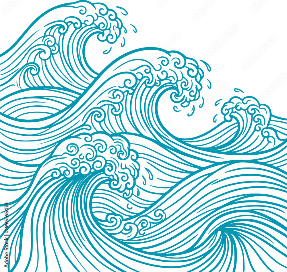 Fototapeta premium Decorative Ocean Waves Illustration with Flowing Line Art Style