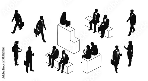 group of business people silhouettes in isometric view some walking and some sitting