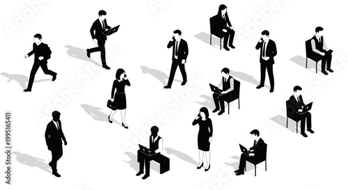 isometric black silhouette collection of business people working walking and using technology for a modern workplace concept.