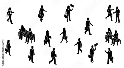 isometric business people in black silhouette walking talking and working illustrating professional office life and daily routine.