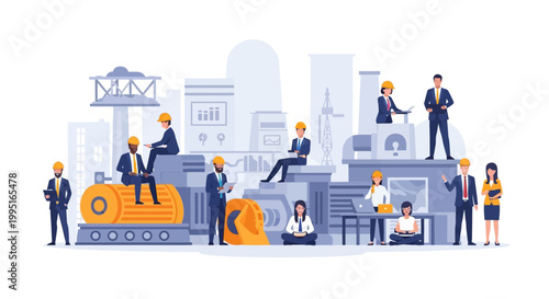Industrial Engineering and Manufacturing Team Illustration - Professional Workers and Managers in a Smart Factory Environment