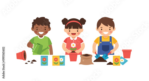 Three diverse children are happily gardening together, planting flowers in pots with soil, seeds, and various tools on a white background.
