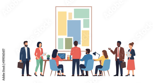 Corporate Team Collaboration and Strategic Planning in Modern Office Setting, Professional Flat Illustration for Business Development and Project Management