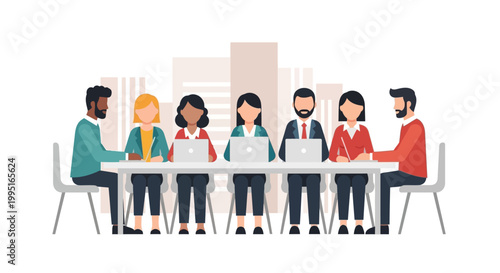 Diverse Corporate Team Working Together on Laptops at Office Meeting Table Flat Vector Illustration