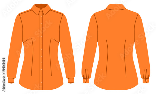 Orange fitted shirt with shaping seams, structured collar and button closure with long sleeves and tailored silhouette. Technical fashion illustration in flat color, front and back views. Vector