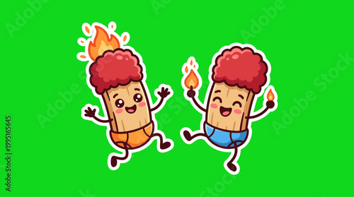 Cheerful Cartoon Matches Dancing and Celebrating with Flames on Green Background.
