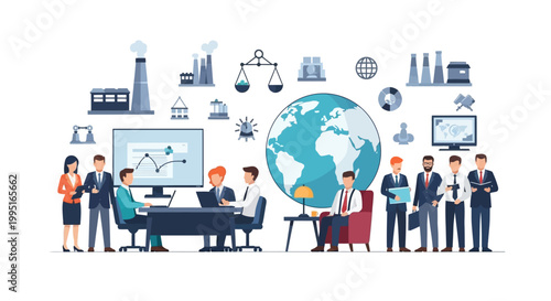 Global Business and Sustainable Industrial Growth Vector Illustration with Corporate Professional Team, International Trade Icons, and Global Market Concept