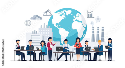 Global Business Team and International Collaboration Vector Illustration with Diverse Professionals Working in Modern Industry Concept