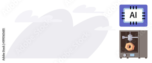 Artificial intelligence, 3D printing, innovation, technology, automation, manufacturing. AI chip and 3D printer producing a component. Artificial intelligence and 3D printing innovation concept