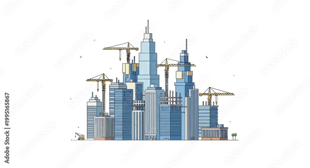 Obraz premium Modern City Skyline Construction Illustration with Skyscrapers and Tower Cranes on White Background for Real Estate and Urban Development Concepts