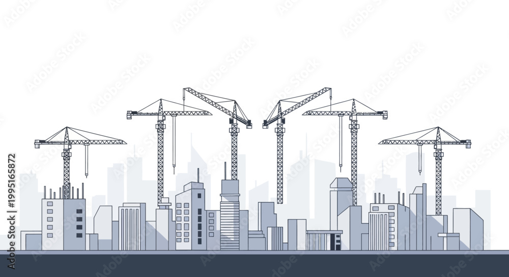 Obraz premium Modern City Construction Skyline Vector Illustration with Tower Cranes and Buildings
