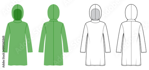 Hooded long sleeve dress relaxed silhouette, clean construction lines minimal shaping, soft structure casual proportions. Technical fashion illustration in black white color, front back views, CAD