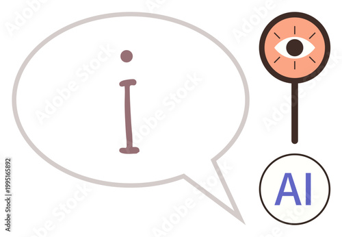 Communication, artificial intelligence, technology, data analysis, visual recognition, innovation. A speech bubble with the letter I, an eye symbol above a stick and an AI text. Communication