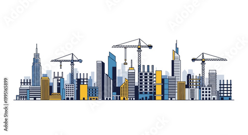 City Skyline Construction Site with Skyscrapers and Cranes Illustration