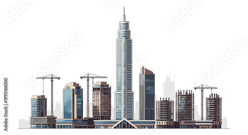 Modern City Skyline Under Construction with Skyscrapers and Tower Cranes Vector Illustration
