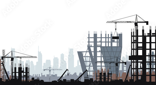 Urban Construction Site Silhouette with Industrial Cranes and City Skyline for Civil Engineering and Real Estate Development