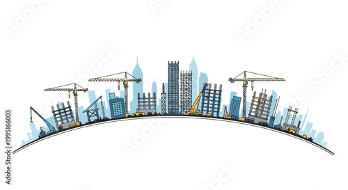 Modern City Construction Skyline with Cranes and Skyscrapers under Development. Flat Vector Illustration of Urban Growth and Real Estate Progress.