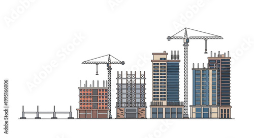 Stages of High-Rise Building Construction Vector Illustration with Tower Cranes and Finished Skyscraper on White Background