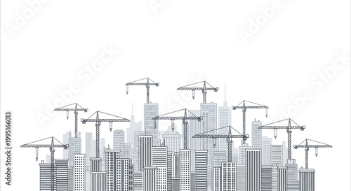 Modern City Construction Skyline Illustration with Tower Cranes and High-Rise Buildings