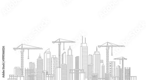 Architectural Line Art of a City Skyline Under Construction with Skyscrapers and Tower Cranes