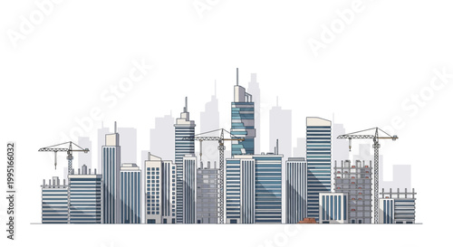 Modern City Skyline Construction Site Vector Illustration with Skyscrapers and Tower Cranes