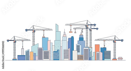 Modern City Skyline Under Construction with Tower Cranes and Skyscrapers Vector Illustration for Urban Development and Real Estate Growth