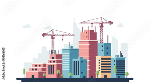 Modern Flat Vector Illustration of City Construction Site with Cranes, Skyscraper Development, and Urban Growth Concept Isolated on White Background