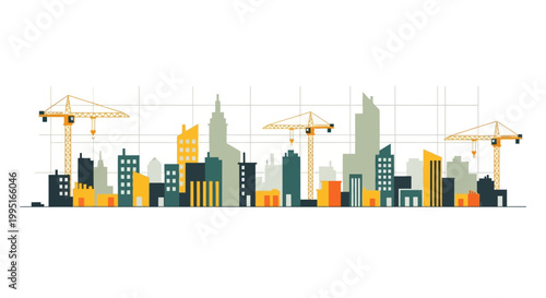 Minimalist Urban Construction Skyline Vector Illustration with Cranes and Skyscrapers for Real Estate and Development Projects