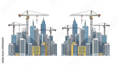 Modern City Skyline Under Construction with Tower Cranes Flat Vector Illustration