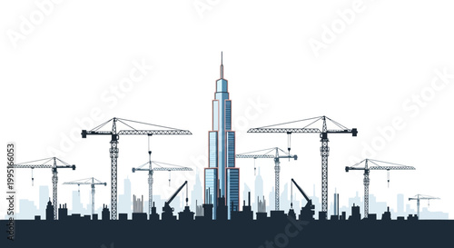 Skyscraper Construction Vector Illustration with Tower Cranes and City Skyline Silhouette on White Background