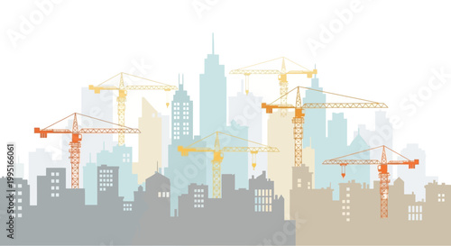 Modern Urban Skyline with Construction Cranes Illustration; Conceptual Graphic of City Development, Real Estate Growth, and Architecture
