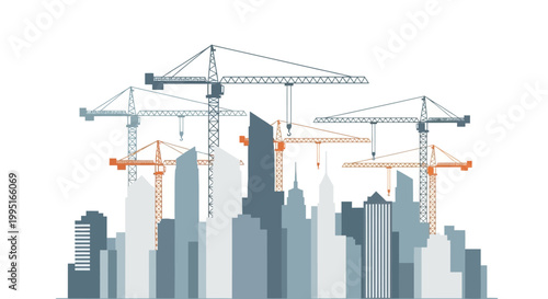 Modern City Urban Development with Construction Tower Cranes and Skyscrapers Silhouette Vector Illustration