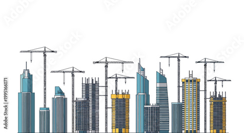 Modern City Skyline Under Construction with Tower Cranes and High-Rise Buildings Vector Illustration